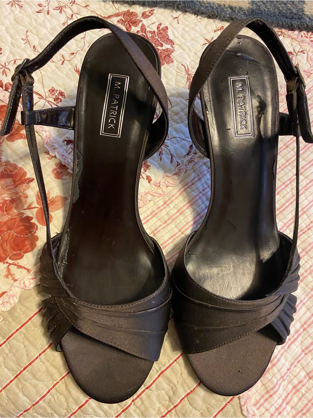 M. Patrick Black Satin Open-Toe Sling Back Heels size 9 1/2 M